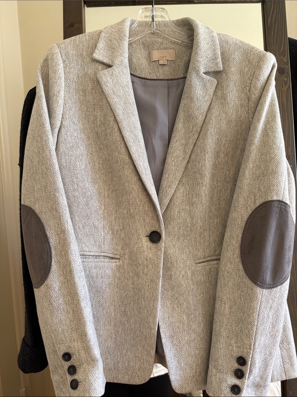 LOFT Light Gray Herringbone Blazer with Dark Gray Elbow Patches
